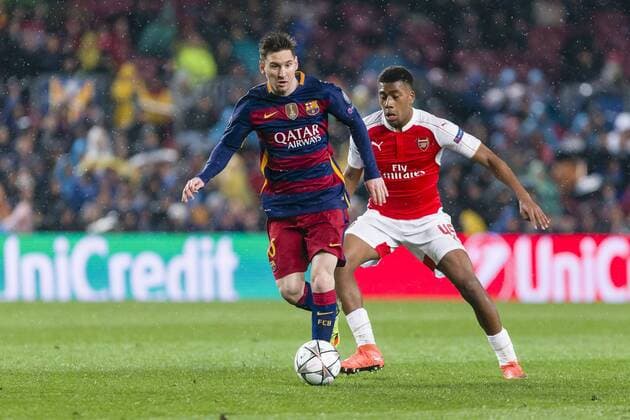 SPAIN - 16th Mar: Lionel Messi and Alex Iwobi during the UEFA Champions League round of 16, second Leg match between FC Barcelona Barca - Arsenal FC, played at Camp Nou Stadium on 16th Mar 2016 in Barcelona, Spain. (Credit: Mikel Trigueros Urbanandsport Cordon Press)  xMikelxTriguerosx xSPAINx-xFCxBarcelonax-xArsenalxFCx-xChampionsxLeaguex-x2015 16x