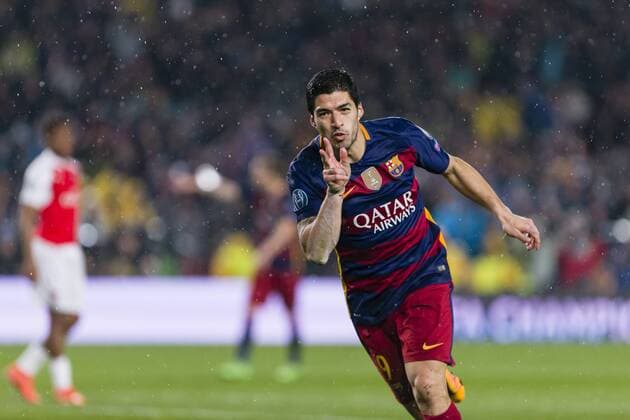 SPAIN - 16th Mar: Luis Suarez celebrates scoring the goal during the UEFA Champions League round of 16, second Leg match between FC Barcelona Barca - Arsenal FC, played at Camp Nou Stadium on 16th Mar 2016 in Barcelona, Spain. (Credit: Mikel Trigueros Urbanandsport Cordon Press)  xMikelxTriguerosx xSPAINx-xFCxBarcelonax-xArsenalxFCx-xChampionsxLeaguex-x2015 16x