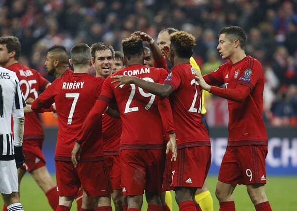 Torjubel 2:2 Ausgleich München, V.li.Franck Ribery (Bayern) , Philipp Lahm (Bayern) , Kingsley Coman (Bayern) , David Alaba (Bayern) , Robert Lewandowski (Bayern) . FC Bayern München-Juventus Turin . München, GER, 16.03.2016, Achtelfinale Rückspiel, Fussball-Champions League 2015-2016 .