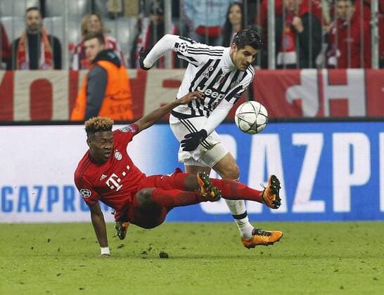 V.li. David Alaba (Bayern) , Alvaro Morata (Juve) . FC Bayern München-Juventus Turin . München, GER, 16.03.2016, Achtelfinale Rückspiel, Fussball-Champions League 2015-2016 .