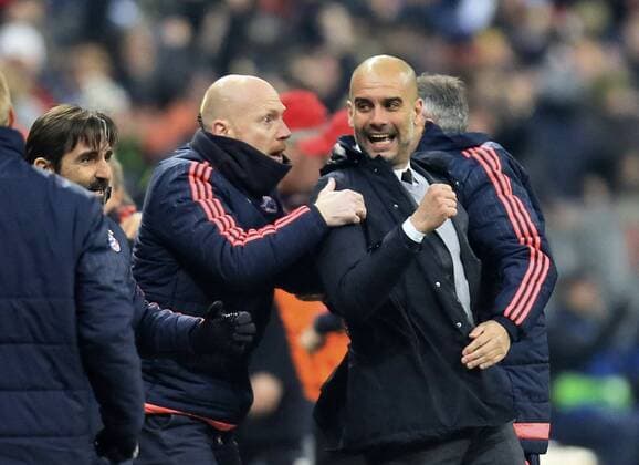 16.03.2016, Fussball Championsleague 2015 2016, Achtelfinale Rückspiel, FC Bayern München - Juventus Turin, in der Allianzarena München. Jubel Trainer Pep Guardiola (re, FC Bayern München) und Vorstand Matthias Sammer (FC Bayern München). 