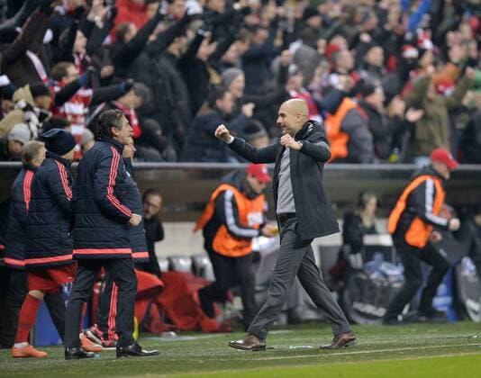 16.03.2016, Fussball Championsleague 2015 2016, Achtelfinale Rückspiel, FC Bayern München - Juventus Turin, in der Allianzarena München. Trainer Pep Guardiola (FC Bayern München) jubelt nach dem Schlusspfiff. 