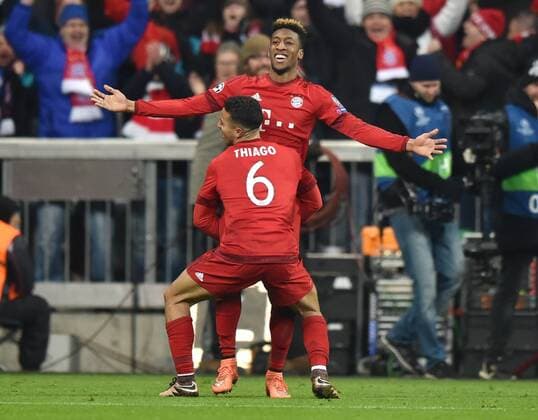 16.03.2016, Fussball, Saison 2015 2016, Champions League, Achtelfinale, FC Bayern Muenchen - Juventus Turin 4:2 n.V., Jubel Kingsley Coman (Bayern Muenchen) und Thiago Alcantara (Bayern Muenchen), vorne.