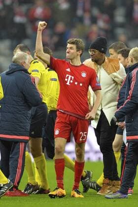 16.03.2016, Fussball Championsleague 2015 2016, Achtelfinale Rückspiel, FC Bayern München - Juventus Turin, in der Allianzarena München. Thomas Müller (FC Bayern München) jubelt nach dem Spiel. 