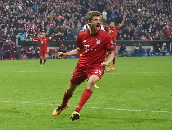 16.03.2016, Fussball, Saison 2015 2016, Champions League, Achtelfinale, FC Bayern Muenchen - Juventus Turin 4:2 n.V., Jubel Thomas Mueller, Thomas Müller (Bayern Muenchen)