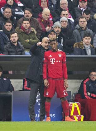 München, 16.03.2016, Allianz Arena Trainer Josep Pep Guardiola (FCB), Kingsley Coman (FCB) FC Bayern München vs. Juventus Turin mm