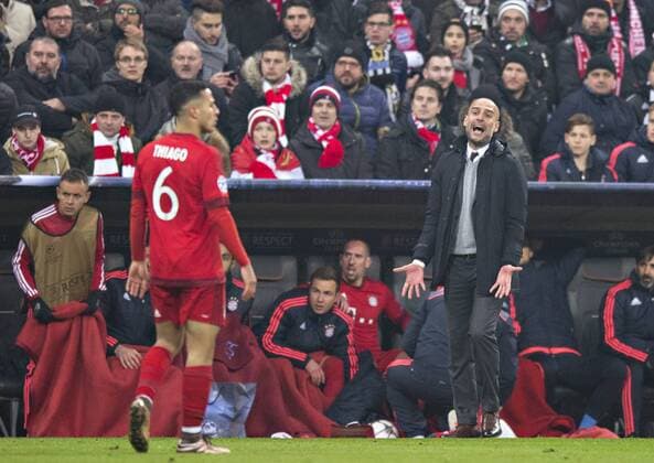 München, 16.03.2016, Allianz Arena Trainer Josep Pep Guardiola (FCB), Thiago Alcantara (FCB) FC Bayern München vs. Juventus Turin mm