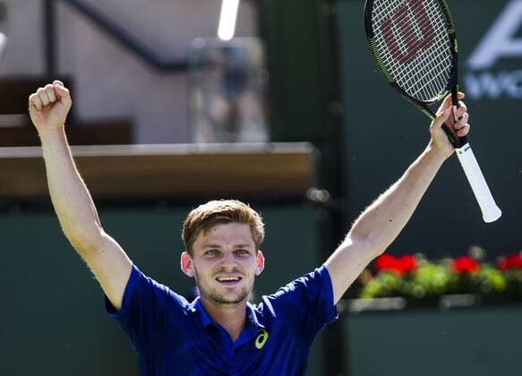 INDIAN WELLS, March 17, 2016 -- David Goffin of Belgium celebrates after defeating Marin Cilic of Croatia during the men s singles quaterfinal of the BNP Paribas Open tennis tournament in Indian Wells, California, the United States, March 17, 2016. Goffin won 7-6, 6-2. ) (SP)US-INDIAN WELLS-TENNIS-BNP PARIBAS OPEN ZhaoxHanrong 