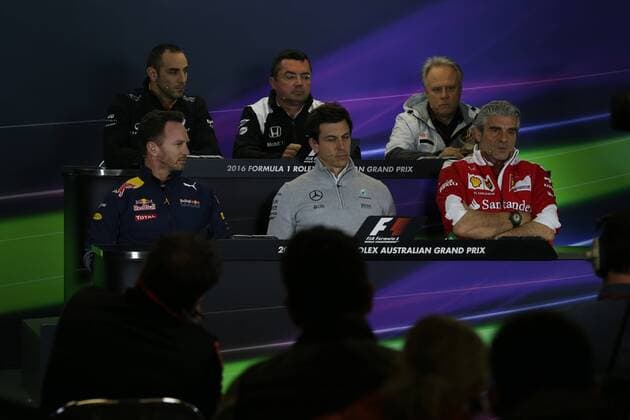 Australian Grand Prix, Melbourne 17 - 20 March 2016 18.03.2016 - press conference PK Pressekonferenz (UP) Cyril Abiteboul (FRA) Renault F1 Managing Director, Eric Boullier (FRA) McLaren Racing Director, Gene Haas (USA), head of the Haas F1 Team, Christian Horner (GBR), Red Bull Racing, Sporting Director, Toto Wolff (GER) Mercedes AMG F1 Shareholder and Executive Director and Maurizio Arrivabene (ITA) Ferrari Team Principal 