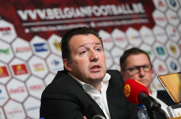 Belgium s head coach Marc Wilmots and Belgium s assistant coach Vital Borkelmans pictured during a press conference PK Pressekonferenz of Belgian national soccer team Red Devils head coach, Friday 18 March 2016, at the headquarters of the federation KBVB-URBSFA, in Brussels. Red Devils will play a friendly game against Portugal on 29 March, a preparation for upcoming Euro2016. VIRGINIExLEFOUR  x04814315x