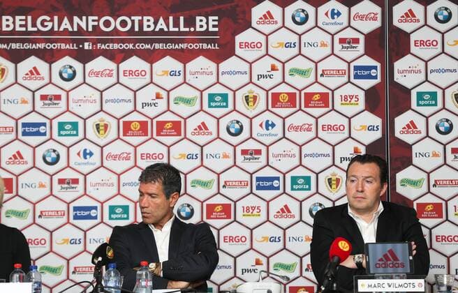Belgium s Under 21 coach Enzo Scifo and Belgium s assistant coach Vital Borkelmans pictured during a press conference PK Pressekonferenz of Belgian national soccer team Red Devils head coach, Friday 18 March 2016, at the headquarters of the federation KBVB-URBSFA, in Brussels. Red Devils will play a friendly game against Portugal on 29 March, a preparation for upcoming Euro2016. VIRGINIExLEFOUR  x04814340x