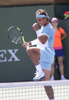 March 18, 2016 - Los Angeles, California, U.S - Rafael Nadal of Spain in actions defeating Kei Nishikori of Japan during the men singles semifinal of the BNP Paribas Open tennis tournament on Friday, March 18, 2016 in Indian Wells, California. Nadal won 6-4, 6-3. (Photo by BNP Paribas Open 2016 Men Singles Semifinal - ZUMAc68_