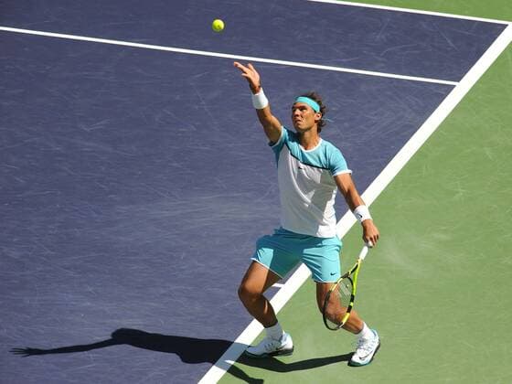 18 March 2016: Rafael Nadal (ESP) in action defeating Kei Nishikori (JAP) in the quarter final of the men s singles at the BNP Paribas Open played at the Indian Wells Tennis Garden, Indian Wells, CA (Photo by Cynthia Lum Icon Sportswire) TENNIS: MAR 18 BNP Paribas Open Icon250031816010 EDITORIAL USE ONLY