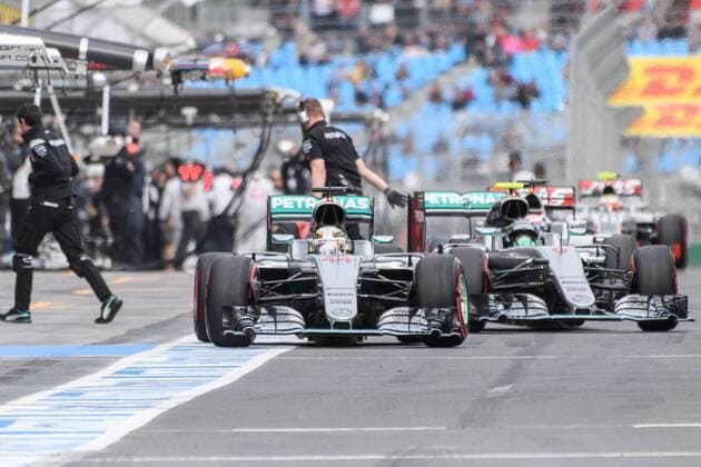 March 19, 2016: Lewis Hamilton (GBR) 44 and Nico Rosberg (DEU) 6 from the Mercedes AMG Petronas team prepare to leave the pits for qualifying at the 2016 Australian Formula One Grand Prix at Albert Park, Melbourne, Australia. Formula One 2016: Australia Day 3 - ZUMAc04_