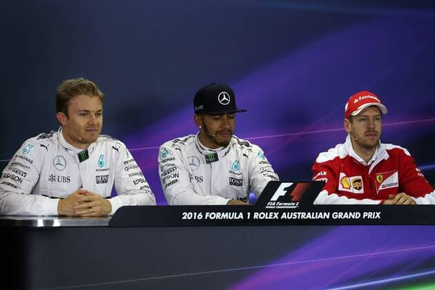 Australian Grand Prix, Melbourne 17 - 20 March 2016 19.03.2016 - Qualifying, press conference PK Pressekonferenz Nico Rosberg (GER) Mercedes AMG F1 W07 Hybrid, Lewis Hamilton (GBR) Mercedes AMG F1 W07 Hybrid and Sebastian Vettel (GER) Scuderia Ferrari SF16-H 