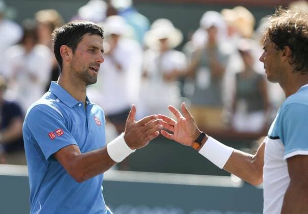 March 19, 2016 - Los Angeles, California, U.S - Novak Djokovic, left, of Serbia, greets with Rafael Nadal, of Spain, after winning the men singles.semifinal match of the BNP Paribas Open tennis tournament on Saturday, March 19, 2016 in Indian Wells, California. ÃäDjokovic.won 7-6, 6-2. BNP Paribas Open 2016 Men s Singles Semifinal - ZUMAc68_
