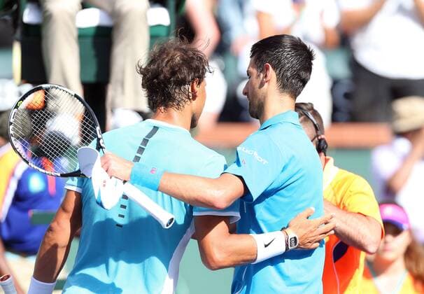 March 19, 2016: Novak Djokovic of Serbia is congratulated by Rafael Nadal of Spain in the semi finals of the 2016 BNP Paribas Open at Indian Wells Tennis Garden in Indian Wells, California. TENNIS 2016: BNP Paribas Open MAR 19 - ZUMAcb8_