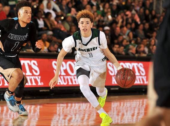 March 19, 2016 Long Beach, CA.Chino Hills guard LaMelo Ball 1 moves the ball during the CIF Southern Regional Open division Final Boys Prep Basketball game between Chino Hills and Bishop Montgomery at the Pyramid on the Campus of Long Beach State University in Long Beach California... CA Prep Basketball 2016: Boys CIF Southern Regional Open division Final Championship Chino Hills vs Bishop Montgomery MAR 19 - ZUMAcl1_