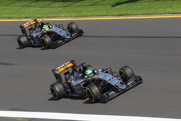Australian Grand Prix, Melbourne 17 - 20 March 2016 20.03.2016 - Race, Nico Hulkenberg (GER) Sahara Force India F1 VJM09 and Sergio Perez (MEX) Sahara Force India F1 VJM09 