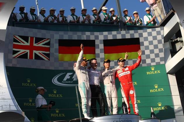 Australian Grand Prix, Melbourne 17 - 20 March 2016 20.03.2016 - Race, 1st position Nico Rosberg (GER) Mercedes AMG F1 W07 Hybrid, 2nd position Lewis Hamilton (GBR) Mercedes AMG F1 W07 Hybrid and 3rd position Sebastian Vettel (GER) Scuderia Ferrari SF16-H 