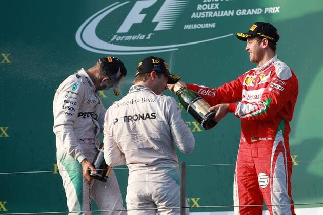Australian Grand Prix, Melbourne 17 - 20 March 2016 20.03.2016 - Race, 1st position Nico Rosberg (GER) Mercedes AMG F1 W07 Hybrid, 2nd position Lewis Hamilton (GBR) Mercedes AMG F1 W07 Hybrid and Sebastian Vettel (GER) Scuderia Ferrari SF16-H 