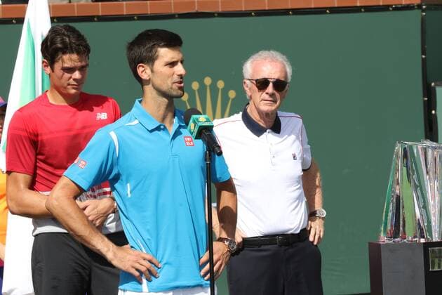 March 20, 2016: Novak Djokovic of Serbia addresses the audience with Milos Raonic of Canada and BNP Paribas tournament director and CEO Raymond Moore watching on after the mens final match of the 2016 BNP Paribas Open at Indian Wells Tennis Garden in Indian Wells, California. TENNIS 2016: BNP Paribas Open MAR 20 - ZUMAcb8_