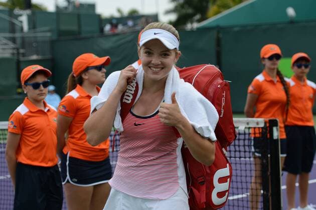 March 21, 2016 - Miami, Florida, United States - KATIE SWAN of Great Britain poses for a photo after winning her qualifying match vs. L. Davis at the Miami Open in Miami Florida Tennis 2016 - Miami Open - Day 1 - ZUMAl132