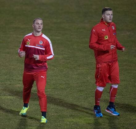 Stegersbach 21.03.2016, Sportzentrum, Stegersbach, AUT, OeFB Training, im Bild Marko Arnautovic (AUT), Kevin Wimmer (AUT) Marko Arnautovic (AUT), Kevin Wimmer (AUT) during a Trainingssession of Austrian National Footballteam at the Sportcenter in Stegersbach, Austria on 2016 03 21.  EP_ang  