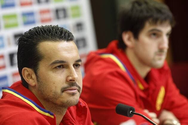 Pedro Rodriguez (l) and Mikel San Jose in press conference PK Pressekonferenz during Spanish national football team stage. March 22,2016.  (2016032219)
