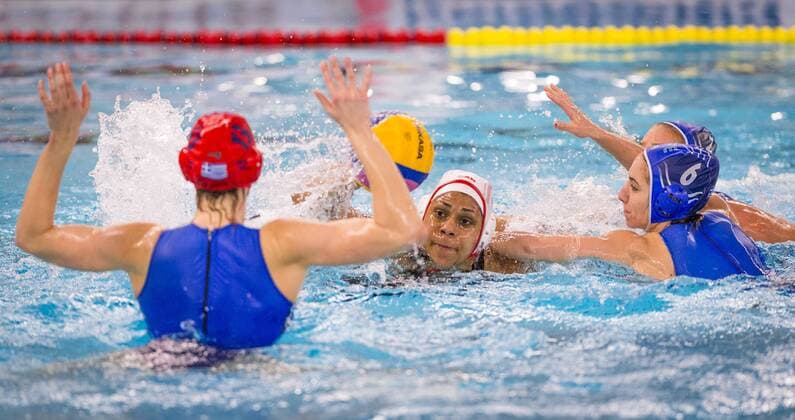 FINA Women s Water polo Wasserball Olympic Games Olympische Spiele Olympia OS Qualifications Tournament 2016 Canada CAN (White) Vs Greece GRE (Blue) 2 Krystina Alogobo CAN Gouda - Swimming pool Groenhovenbad Day3 23-03-2016 Photo P.xMesiano Insidefoto Deepbluemedia PasqualexMesiano