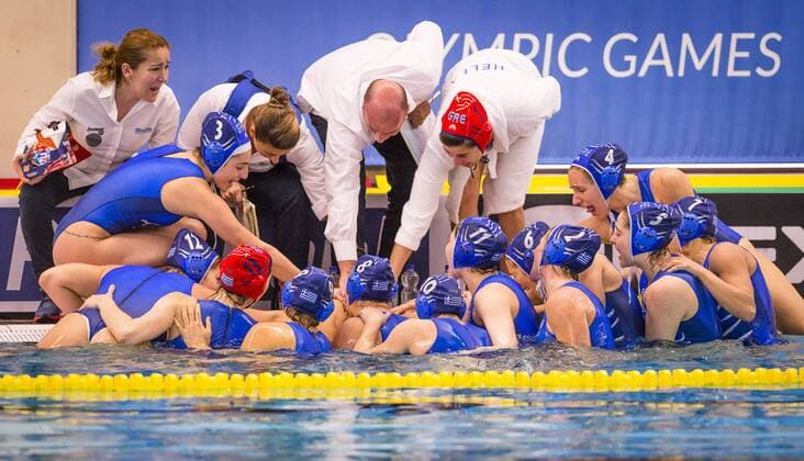 FINA Women s Water polo Wasserball Olympic Games Olympische Spiele Olympia OS Qualifications Tournament 2016 Canada CAN (White) Vs Greece GRE (Blue) Team Greece Coach Athanasios Kechagias GRE Gouda - Swimming pool Groenhovenbad Day3 23-03-2016 Photo P.xMesiano Insidefoto Deepbluemedia PasqualexMesiano