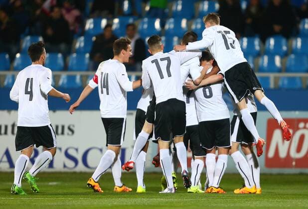 SOCCER - U18, AUT vs ENG, test match WIENER NEUSTADT,AUSTRIA,23.MAR.16 - SOCCER - OEFB Under-18 international match Länderspiel Austria vs England, friendly match. Image shows the rejoicing of AUT. GEPAxpictures xCh.xKelemen