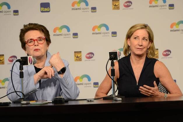 March 23, 2016 - Miami, Florida, United States - BILLIE JEAN KING (left) and CHRIS EVERT speak to the media at the Miami Open. Tennis 2016 - Miami Open - Day 3 - ZUMAl132