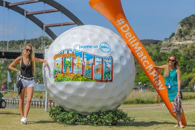World Golf Championship in Austin 23 MAR 2016: Mrs. Jimmy Walker, right, and another avid golf fan pose by the large golf ball near the 13th tee box during the World Golf Championships - Dell Match Play Round 1 at the Austin Country Club Austin, Texas. (Photo by Ken Murray Icon Sportswire) GOLF: MAR 23 PGA Golf Herren - World Golf Championships-Dell Match Play - Round 1 Icon1603231042 EDITORIAL USE ONLY