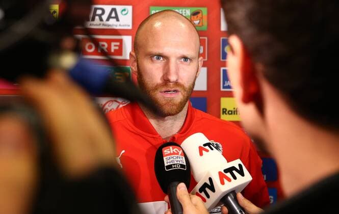 SOCCER - AUT vs ALB, test match, preview STEGERSBACH,AUSTRIA,24.MAR.16 - SOCCER - OEFB international match Länderspiel Austria vs Albania, friendly match, preview, mixed zone team AUT. Image shows Robert Almer (AUT). Keywords: press conference PK Pressekonferenz GEPAxpictures xChristianxOrt