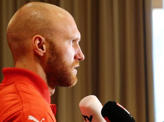 SOCCER - AUT vs ALB, test match, preview STEGERSBACH,AUSTRIA,24.MAR.16 - SOCCER - OEFB international match Länderspiel Austria vs Albania, friendly match, preview, mixed zone team AUT. Image shows Robert Almer (AUT). Keywords: press conference PK Pressekonferenz GEPAxpictures xChristianxOrt
