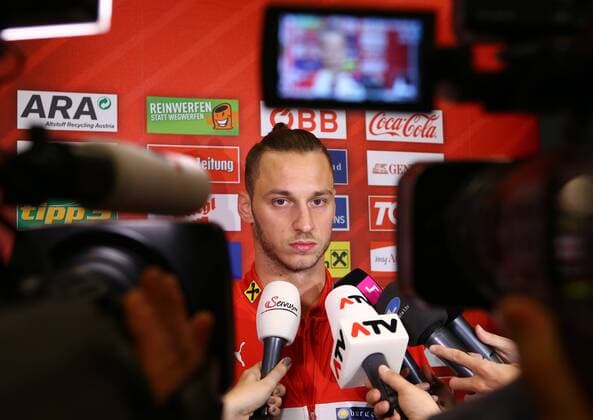 SOCCER - AUT vs ALB, test match, preview STEGERSBACH,AUSTRIA,24.MAR.16 - SOCCER - OEFB international match Länderspiel Austria vs Albania, friendly match, preview, mixed zone team AUT. Image shows Marko Arnautovic (AUT). Keywords: press conference PK Pressekonferenz GEPAxpictures xChristianxOrt