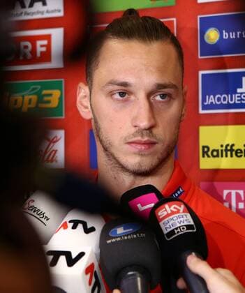 SOCCER - AUT vs ALB, test match, preview STEGERSBACH,AUSTRIA,24.MAR.16 - SOCCER - OEFB international match Länderspiel Austria vs Albania, friendly match, preview, mixed zone team AUT. Image shows Marko Arnautovic (AUT). Keywords: press conference PK Pressekonferenz GEPAxpictures xChristianxOrt