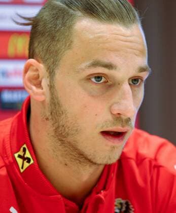 SOCCER - AUT vs ALB, test match, preview STEGERSBACH,AUSTRIA,24.MAR.16 - SOCCER - OEFB international match Länderspiel Austria vs Albania, friendly match, preview, mixed zone team AUT. Image shows Marko Arnautovic (AUT). Keywords: press conference PK Pressekonferenz GEPAxpictures xChristianxOrt