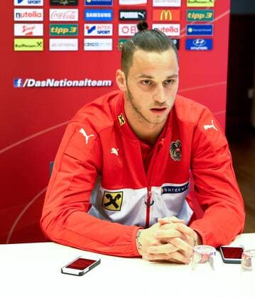SOCCER - AUT vs ALB, test match, preview STEGERSBACH,AUSTRIA,24.MAR.16 - SOCCER - OEFB international match Länderspiel Austria vs Albania, friendly match, preview, mixed zone team AUT. Image shows Marko Arnautovic (AUT). Keywords: press conference PK Pressekonferenz GEPAxpictures xChristianxOrt