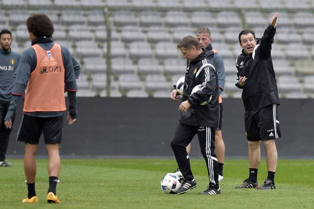 Belgium s head coach Marc Wilmots reacts during a training session of the Belgian national soccer team Red Devils, Thursday 24 March 2016 in Brussels. The Red Devils will play a friendly game in and against Portugal on 29 March, the match was moved due to safety concerns after the Brussels terrorists attacks. The game is a preparation for the upcoming Euro2016. PETERxDExVOECHT  x04819948x