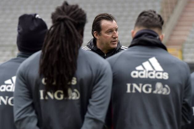 Belgium s head coach Marc Wilmots talks to his players durig a training session of the Belgian national soccer team Red Devils, Thursday 24 March 2016 in Brussels. The Red Devils will play a friendly game in and against Portugal on 29 March, the match was moved due to safety concerns after the Brussels terrorists attacks. The game is a preparation for the upcoming Euro2016. PETERxDExVOECHT  x04819977x