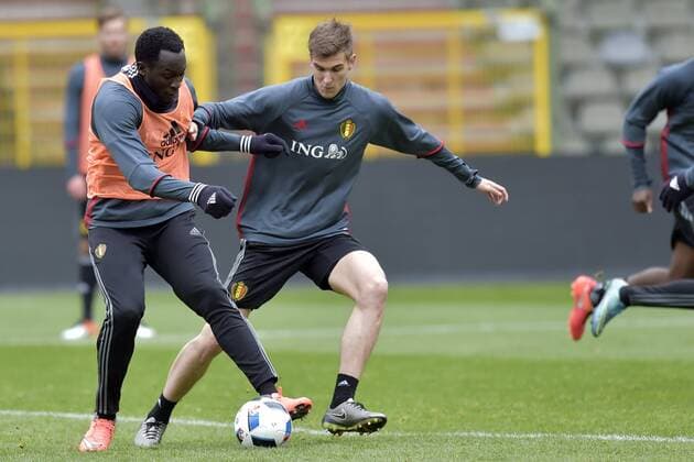 Belgium s Romelu Lukaku and Belgium s Bjorn Engels pictured during a training session of the Belgian national soccer team Red Devils, Thursday 24 March 2016 in Brussels. The Red Devils will play a friendly game in and against Portugal on 29 March, the match was moved due to safety concerns after the Brussels terrorists attacks. The game is a preparation for the upcoming Euro2016. PETERxDExVOECHT  x04819957x