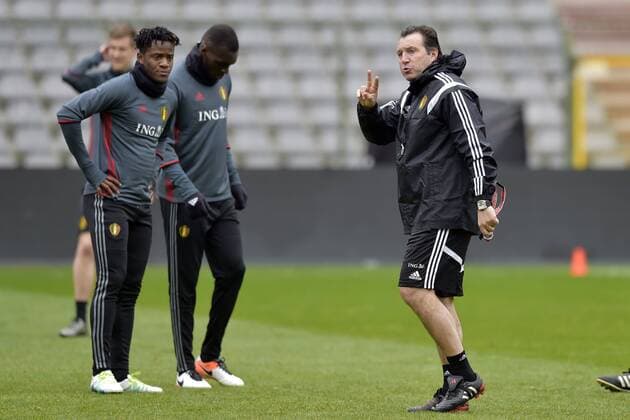 Belgium s Michy Batshuayi, Belgium s Christian Benteke and Belgium s head coach Marc Wilmots pictured during a training session of the Belgian national soccer team Red Devils, Thursday 24 March 2016 in Brussels. The Red Devils will play a friendly game in and against Portugal on 29 March, the match was moved due to safety concerns after the Brussels terrorists attacks. The game is a preparation for the upcoming Euro2016. PETERxDExVOECHT  x04819997x