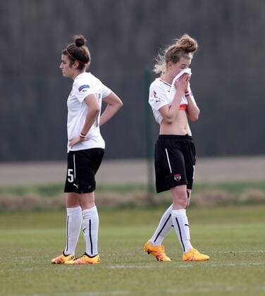 SOCCER - UEFA U17 U 17 EURO quali women, AUT vs GER ROHRENDORF,AUSTRIA,24.MAR.16 - WOMEN SOCCER - UEFA Women s Under-17 championship, qualification, Elite round, OEFB international match Länderspiel Austria vs Germany. Image shows the disappointment of Evelyn Kurz and Jana Scharnboeck (AUT). GEPAxpictures xWalterxLuger