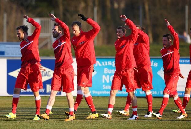 Fußball, Training Nationalteam Österreich SOCCER - AUT vs ALB, test match, preview STEGERSBACH,AUSTRIA,24.MAR.16 - SOCCER - OEFB international match Länderspiel Austria vs Albania, friendly match, preview, training team AUT. Image shows Martin Harnik, Christian Fuchs, Marc Janko, Florian Klein, Julian Baumgartlinger and Zlatko Junuzovic (AUT). GEPAxpictures xChristianxOrt