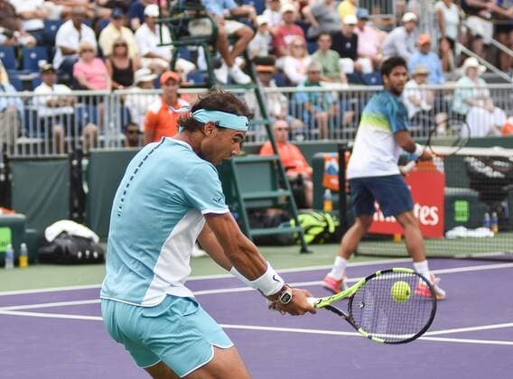 Spanish tennis players Rafael Nadal (L) and Fernando Verdasco (R) return the ball to Italy Simone Bolelli and Andreas Seppi during the first journey of the Masculine Miami Tennis Open in Cayo Vizcaino, Miami, FL, United States, 24 March 2016. RAFAEL NADAL AND FERNANDO VERDASCO VS SIMONE BOLELLI AND ANDREAS SEPPI !ACHTUNG: NUR REDAKTIONELLE NUTZUNG!  MIA030 20160325-635944671254370664