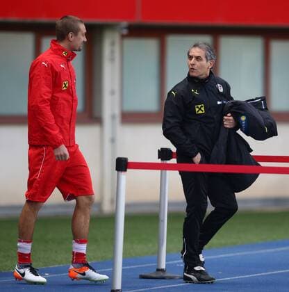 SOCCER - AUT vs ALB, test match, preview VIENNA,AUSTRIA,25.MAR.16 - SOCCER - OEFB international match Länderspiel Austria vs Albania, friendly match, preview, training team AUT. Image shows Stefan Ilsankerand head coach Marcel Koller (AUT). GEPAxpictures xChristianxOrt