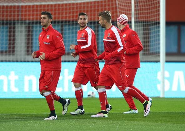 SOCCER - AUT vs ALB, test match, preview VIENNA,AUSTRIA,25.MAR.16 - SOCCER - OEFB international match Länderspiel Austria vs Albania, friendly match, preview, training team AUT. Image shows Aleksandar Dragovic, Markus Suttner, Lukas Hinterseer and Martin Hinteregger (AUT). GEPAxpictures xChristianxOrt