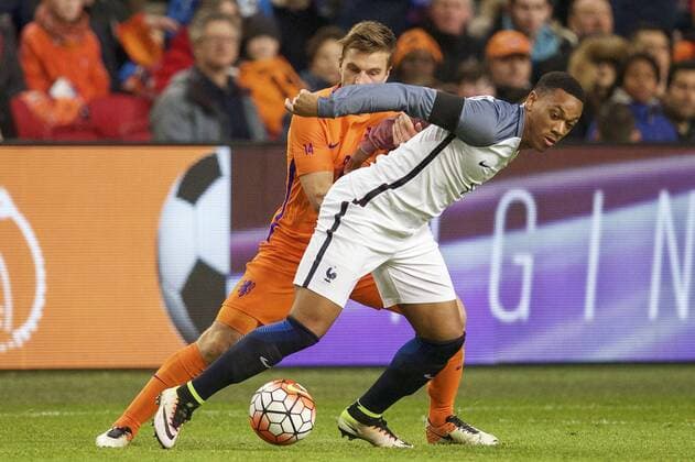 (L-R) Joel Veltman of Holland, Anthony Martial of France during the friendly match between Netherlands and France on March 25, 2016 at the Amsterdam Arena in Amsterdam, The Netherlands. Netherlands v France Friendly match 2015 2016 xVIxxIVx 5216773